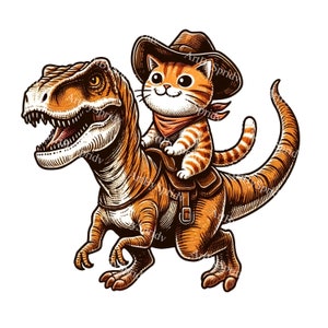 Orange Tabby Cat Cowboy Riding T-Rex Dinosaur Digital PNG Clipart Download | Cute Animal Illustration | Kids Room Decor | Fun Printable Art