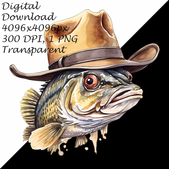 Watercolor Cool Bass Fish With Cowboy Hat Clip Art Printable T Shirt, Mug  Sublimation Transparent PNG Clipart-commercial, Digital Download 