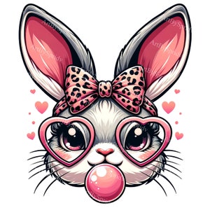 May include: A cartoon bunny with pink ears, a pink bow with black spots, and pink heart-shaped glasses is blowing a pink bubble. The bunny has large, black eyes and a white face.