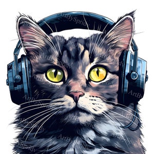 Cat with Headphones PNG Clipart for Music Lovers, Cute Feline Digital Clip Art for T-Shirt Sublimation Designs, Stickers & Wall Prints, DIY