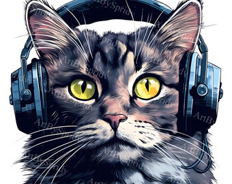 Puede incluir: Un gato atigrado gris con ojos amarillos usando auriculares azules. El gato está mirando directamente al espectador.