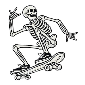 Edgy skelet skateboarden PNG-clipart, coole digitale download voor T-shirts, stickers, mokken sublimatie printen voor Halloween, skatecultuur