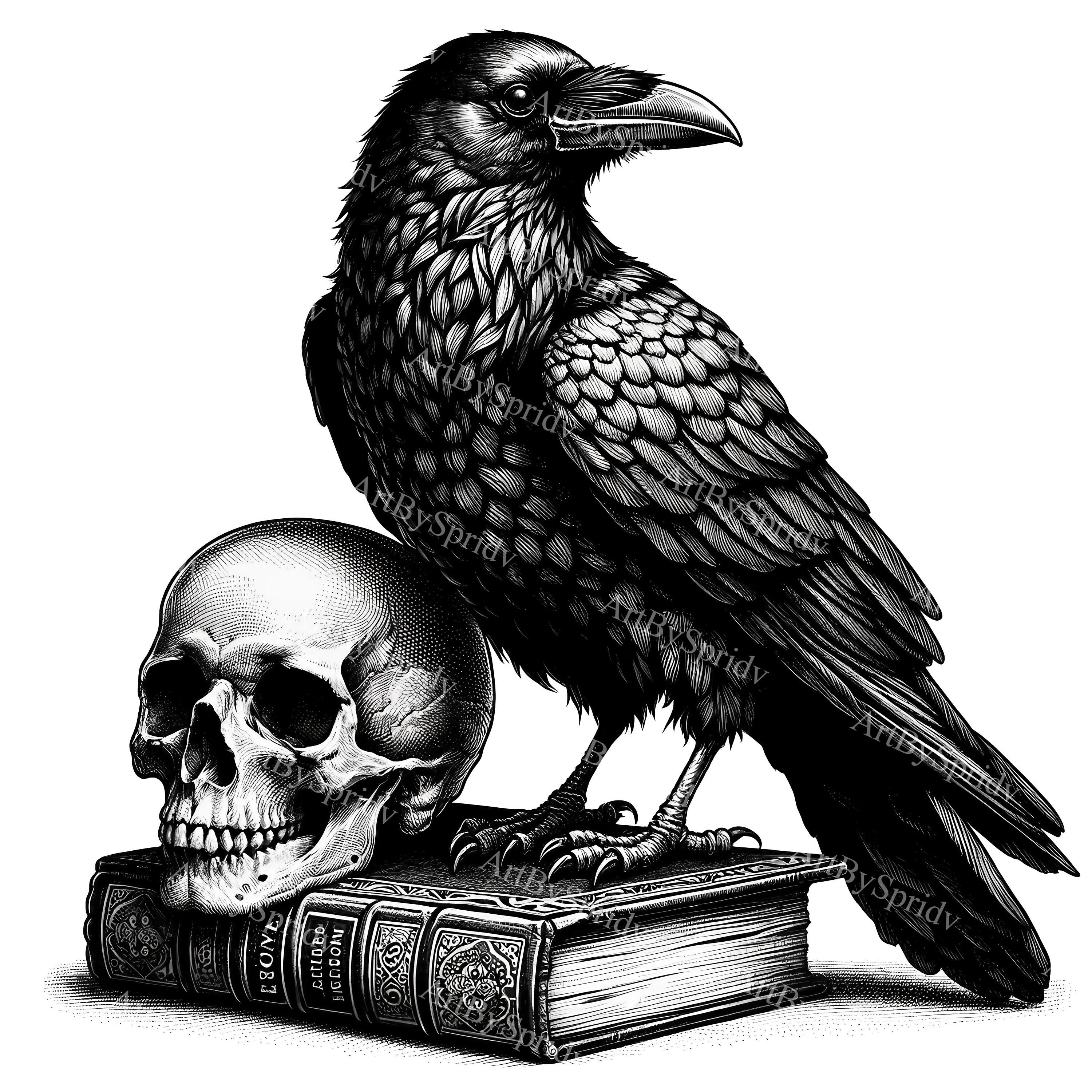 Raven on Skull & Antique Books Clipart - Gothic Dark Academia Transparent PNG - Digital Download Clip Art for Sublimation, DIY Crafts, Decor