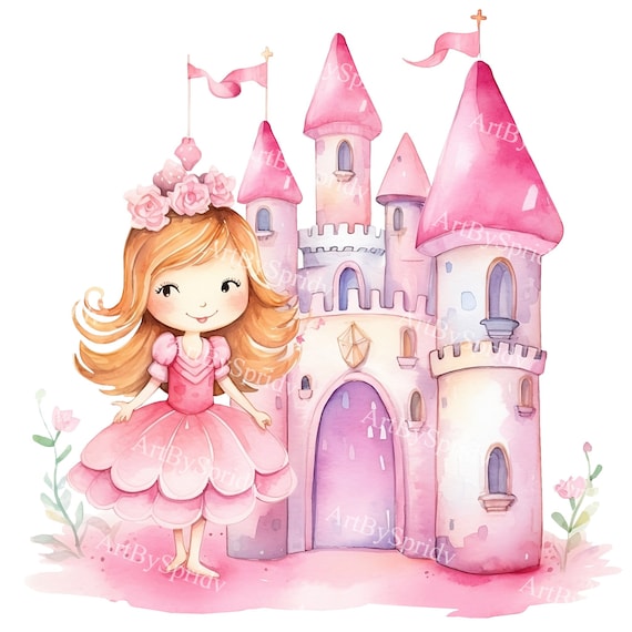 Watercolor Princess and Castle Clipart – Cute Baby Girl