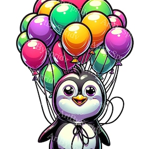 Pingwin Balon Clipart | Kolorowa dekoracja imprezowa PNG | Dziecięcy projekt sublimacji urodzinowej - Wydrukowana cyfrowa sztuka na zaproszenia i rzemiosło