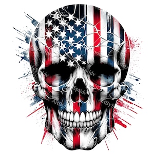 American Flag Skull Clipart PNG, Patriotic Skull Digital Download, USA Flag Ink Splatter Skull,Fourth of July Sublimation Design,Veteran Art