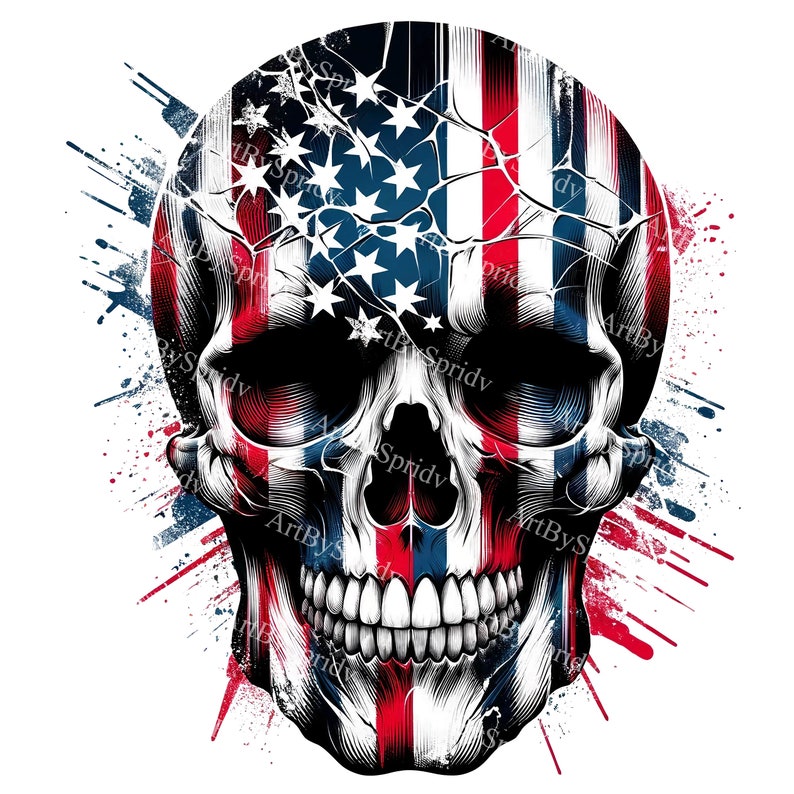 American Flag Skull Clipart PNG, Patriotic Skull Digital Download, USA Flag Ink Splatter Skull,Fourth of July Sublimation Design,Veteran Art