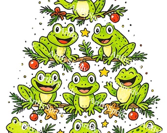 Árbol de Navidad con ranas PNG, imágenes prediseñadas de ranitas adorables, sapos navideños kawaii, fondo transparente, diseño para sublimación, descarga instantánea, arte festivo