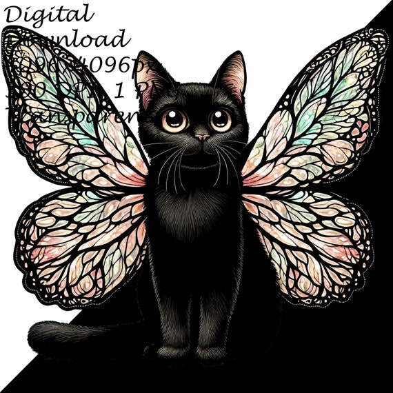虹色の蝶の羽を持つ魅惑的な黒猫 PNG クリップアート - デジタル