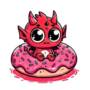 Charming Cartoon Daemon Clipart: Cheeky Doughnut-Loving Devil PNG,Fun Fantasy Digital Art for Invitations & Decor,Instant Download,DIY Craft
