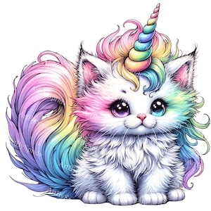 May include: A white fluffy kitten with a rainbow colored mane and tail. The kitten has a spiral horn on its head and large blue eyes.