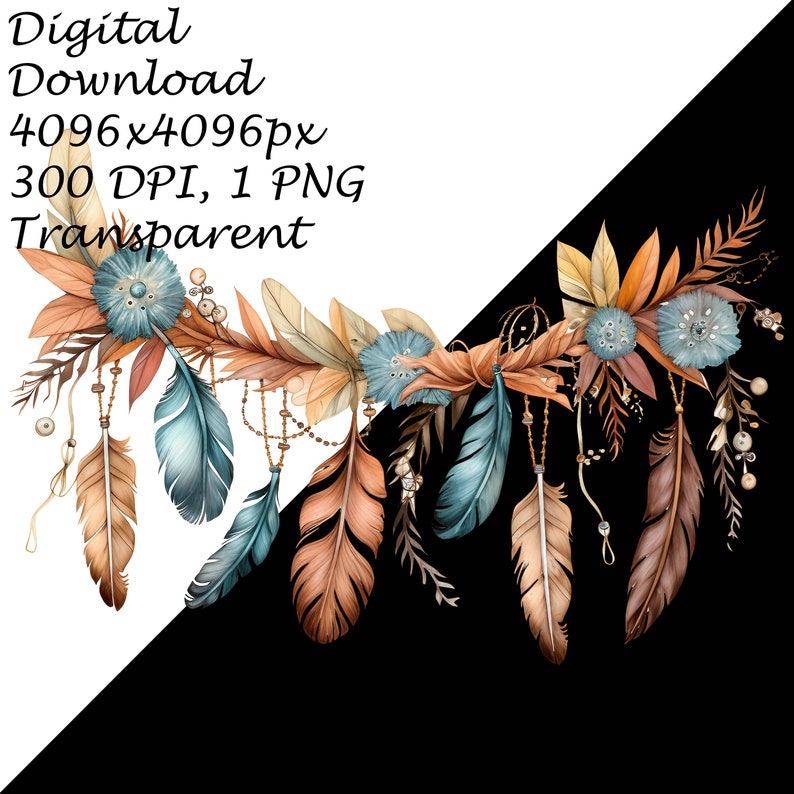 Boho-inspired String Of Feathers Garland Transparent PNG Clipart, Printable T-Shirt, Mug, Tumbler Sublimation, Commercial DIY Craft Clip Art