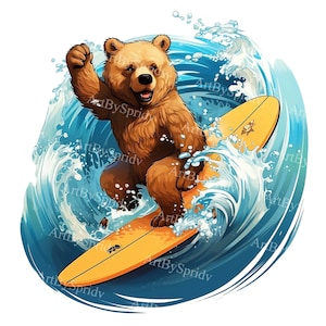 Puede incluir: Un oso marrón montando una tabla de surf amarilla en una ola azul. El oso está sonriendo y tiene los brazos levantados en el aire. La ola está rompiendo alrededor del oso y la tabla de surf.
