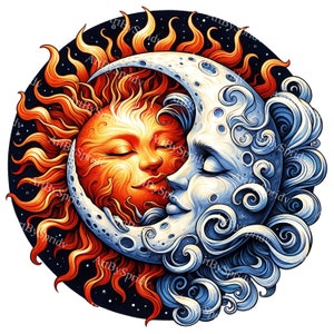 May include: An intricate illustration of the sun and moon intertwined. The sun is rendered in fiery oranges and reds, contrasting with the moon's cool blues and whites. The background is a deep blue, speckled with tiny white stars. The artwork has a celestial theme.