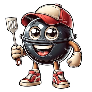 Barbecue grill stripfiguur clipart: leuke barbecue chef-kok vector, grillen feest uitnodiging decor, doe-het-zelf, digitale download voor commercieel