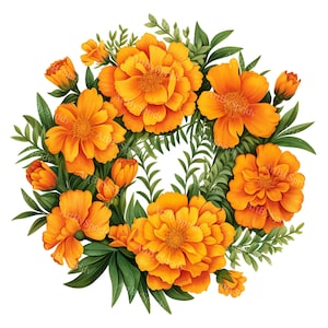 Сircular Arrangement Marigold Blooms & Leaves Transparent PNG Clipart, Printable T-Shirt,Mug,Tumbler Sublimation,Commercial Design Clip Art