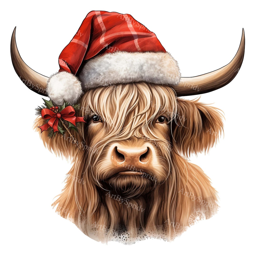Watercolor Christmas Highland Cow With Santa Hat-transparent PNG Xmas ...