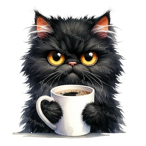Grumpy Black Cat Clipart with Coffee Cup - Digital PNG for DTG, Sublimation, T-Shirts, Mugs, Tumblers, Scrapbooking - Printable Cat Design