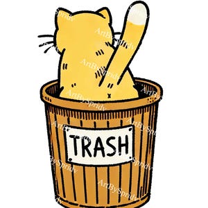 Trash Cat Illustration – Cute Cartoon Kitten in Trash Can – Humorous Kawaii Cat PNG–Digital Download for Sublimation,Stickers,T-Shirts Print