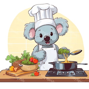 Adorable Chef Koala Cooking PNG Clipart, Transparent Clip Art for Culinary Designs, Kids,Nursery DIY Crafts,Digital Projects,DTG T-Shirt,Mug
