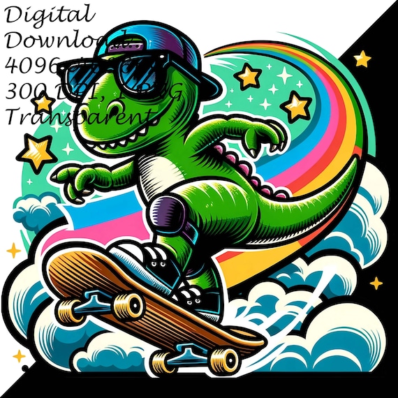 Dinosaur Skateboarding Clipart | T-rex Skater PNG | Cool Dino