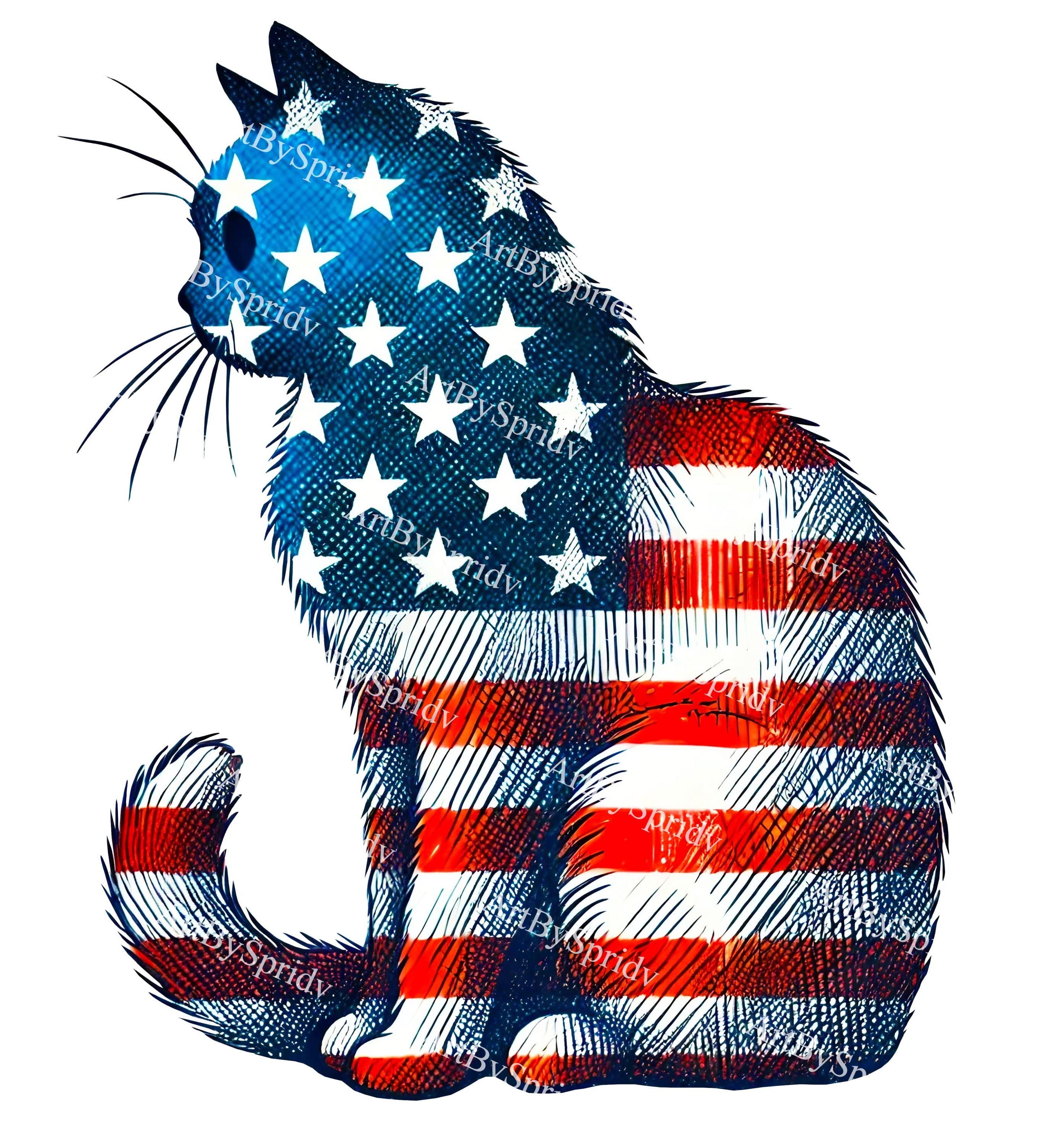 Drapeau patriotique américain chat PNG, clipart chat USA dessinés à la main, 4 juillet Sublimation chaton Transparent Design pour T-Shirts, autocollants et décoration