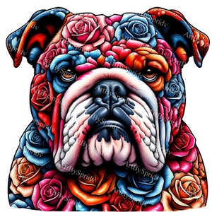 Bulldog Rose Garden - Vivid Floral Canine Clipart for DIY Crafts & Printable Sublimation | Digital Print Ready,Bold Botanical Dog Design PNG