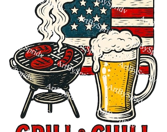 Grill and Chill BBQ Clipart PNG, American Flag Beer and Grill Digital Download, 4th of July Tee Sublimation, Summer Cookout Art, Party Decor