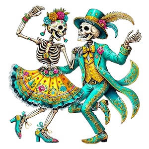 Clipart PNG de esqueletos bailando del Día de los Muertos, ilustración de clip art popular mexicano del Día de los Muertos para manualidades, camisetas, tazas, manualidades de bricolaje