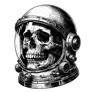 Clipart de calavera de astronauta: boceto de tinta de casco vintage PNG, arte digital en blanco y negro para DTG, camisetas, tazas, vasos, álbumes de recortes Descargar