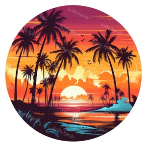 Abstrakcyjny zachód słońca Palmy Plaża Przezroczysty PNG Clipart do sublimacji - Tropikalny Clip Art Print, Letnia ilustracja dekoracyjna, Komercyjny