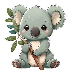 Koala Eucalyptus Branch PNG Clipart,Transparent Animal Floral Print Kids Clip Art,Cute Cartoon Design,DIY Printable Sublimation T-Shirt,Mug