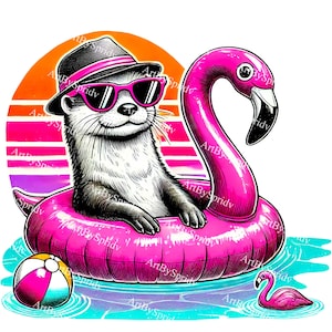 Könnte beinhalten: Ein Cartoon-Otter mit Sonnenbrille und Hut schwimmt in einem rosafarbenen Flamingo-Schwimmring mit einem Strandball in der Nähe. Der Hintergrund ist ein Retro-Sonnenuntergang mit rosa und violetten Streifen.