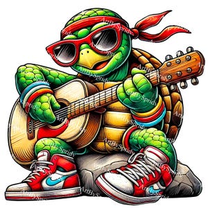 Coole Gitarre Spielende Schildkröte Clipart | Stilvolle Schildkröte in Turnschuhen und Bandana PNG | Spaß Digital Illustration für Crafts & T-Shirt Sublimation