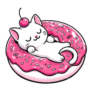 Adorable Cat Clipart on Pink Donut - Digital Download, Cute Kitten Illustration, Pet Lover PNG, Sprinkle Doughnut Graphic, Crafting Supply