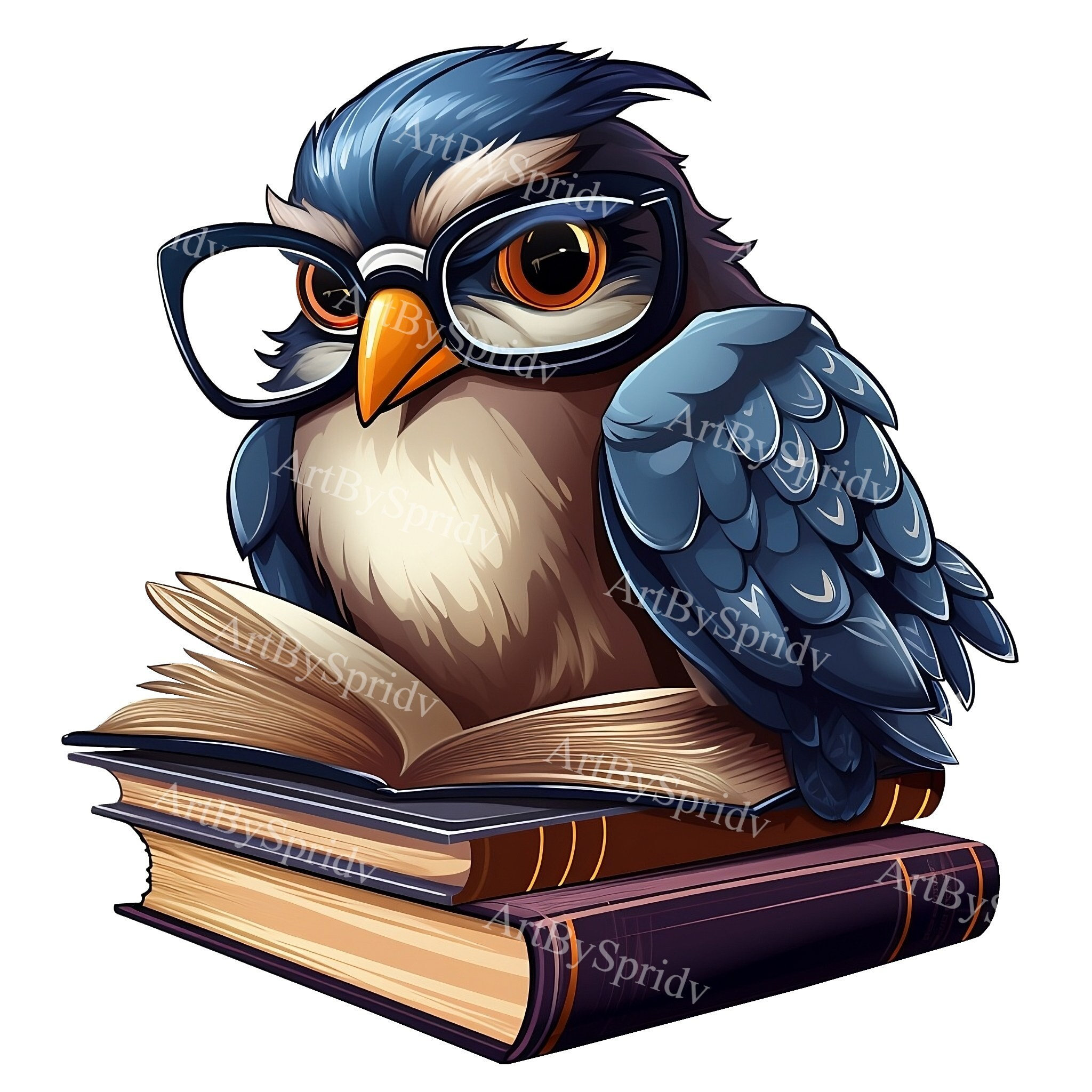 Nerdy Owl with Glasses Reading Books PNG Clipart, Digital Download for Teachers, Book Lovers, Classr
