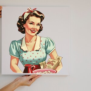 May include: A vintage illustration of a woman in a blue and white polka dot dress holding a bowl of popcorn and a box of "Jolly Time" popcorn.