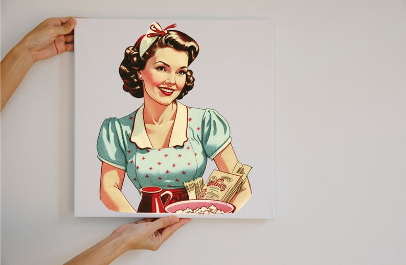 May include: A vintage illustration of a woman in a blue and white polka dot dress holding a bowl of popcorn and a box of "Jolly Time" popcorn.
