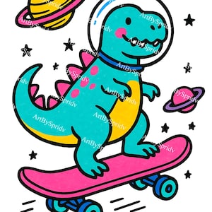 Lindo dinosaurio espacial en patineta PNG, clipart de dinosaurio astronauta kawaii, divertido diseño de dinosaurio patinador transparente, imprimible digitalmente para proyectos infantiles