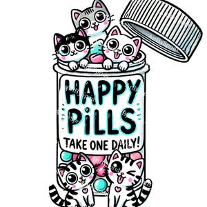 Happy Pills Cat PNG, Cute Kawaii Cat Medicine Bottle Clipart, Funny Mental Health Transparent Sublimation Design for Stickers & T-Shirts,DIY