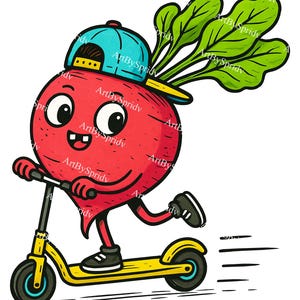 Radijs op scooter, png PNGEgg | Coole wortelgroente-clipart met pet en sneakers | Transparant T-sublimatieontwerp voor shirts, stickers en doe-het-zelfartikelen