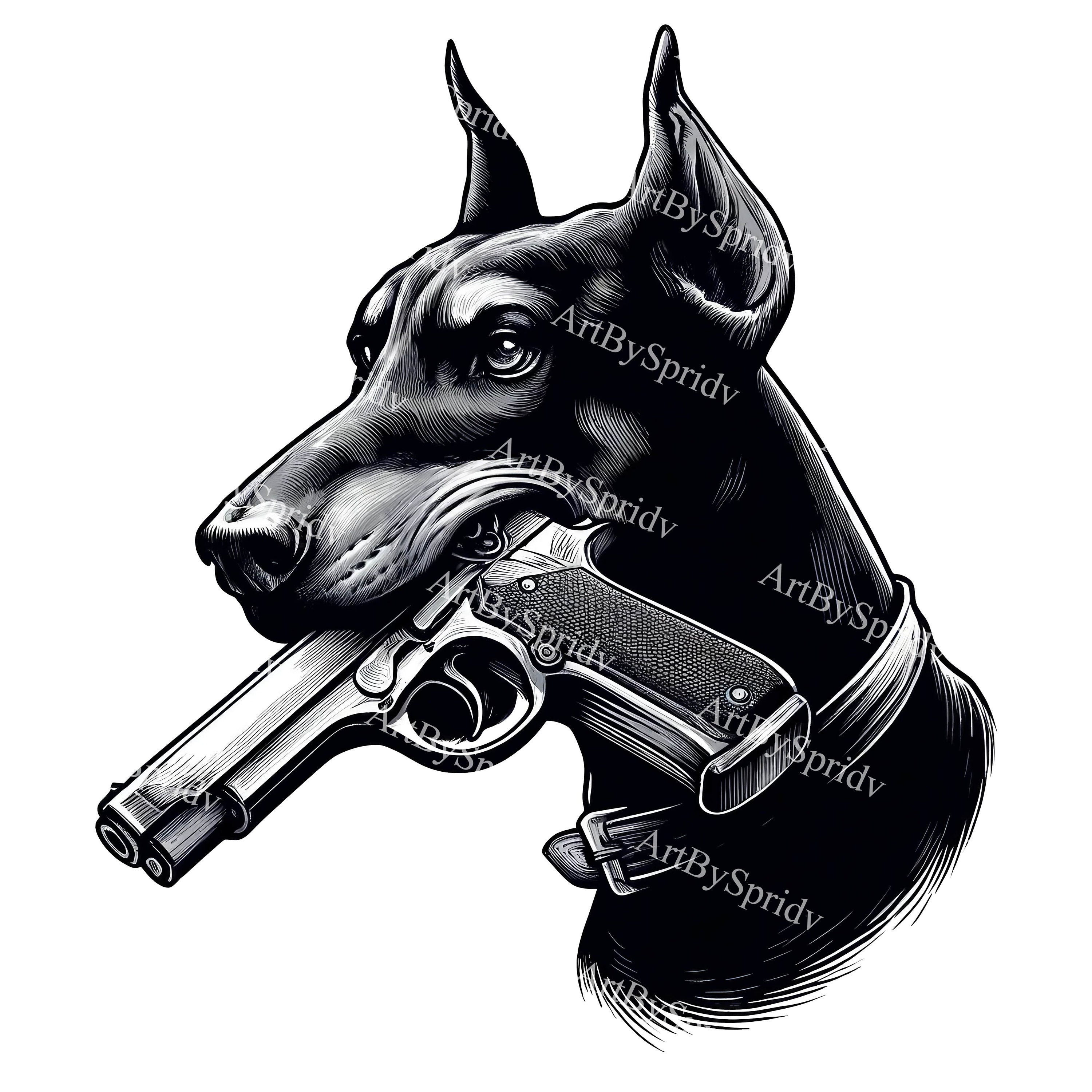 ユニークな銃を持ったドーベルマン犬の PNG クリップアートの