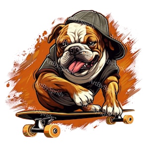 Skateboarding Bulldog PNG Clipart – Cool Cartoon Dog Illustration for DIY Crafts, DTG T-Shirts, Mug, Posters, Digital Designs, Scrapbooking