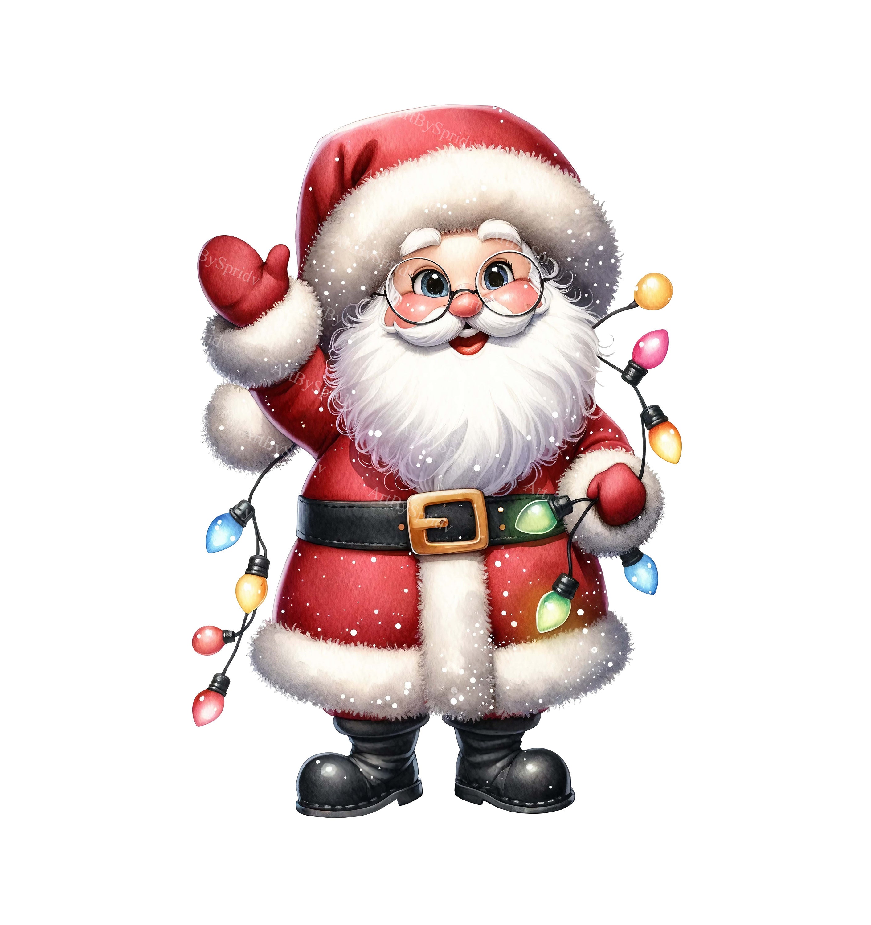 Aquarell Weihnachtsmann Clipart, Verstrickt in Weihnachtslichter, Digitales PNG für DTG, T-Shirts, Tassen, Becher, Sublimation, Scrapbooking Art