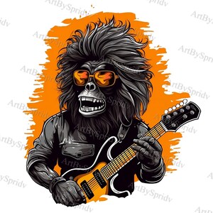 May include: A black and white illustration of a gorilla wearing sunglasses and a leather jacket, playing an electric guitar with a yellow body and black strings. The gorilla has a wild, spiky hairstyle and is set against an orange background.