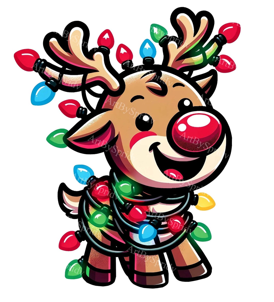 Reindeer Christmas Lights Clipart PNG Playful Reindeer With Red Nose