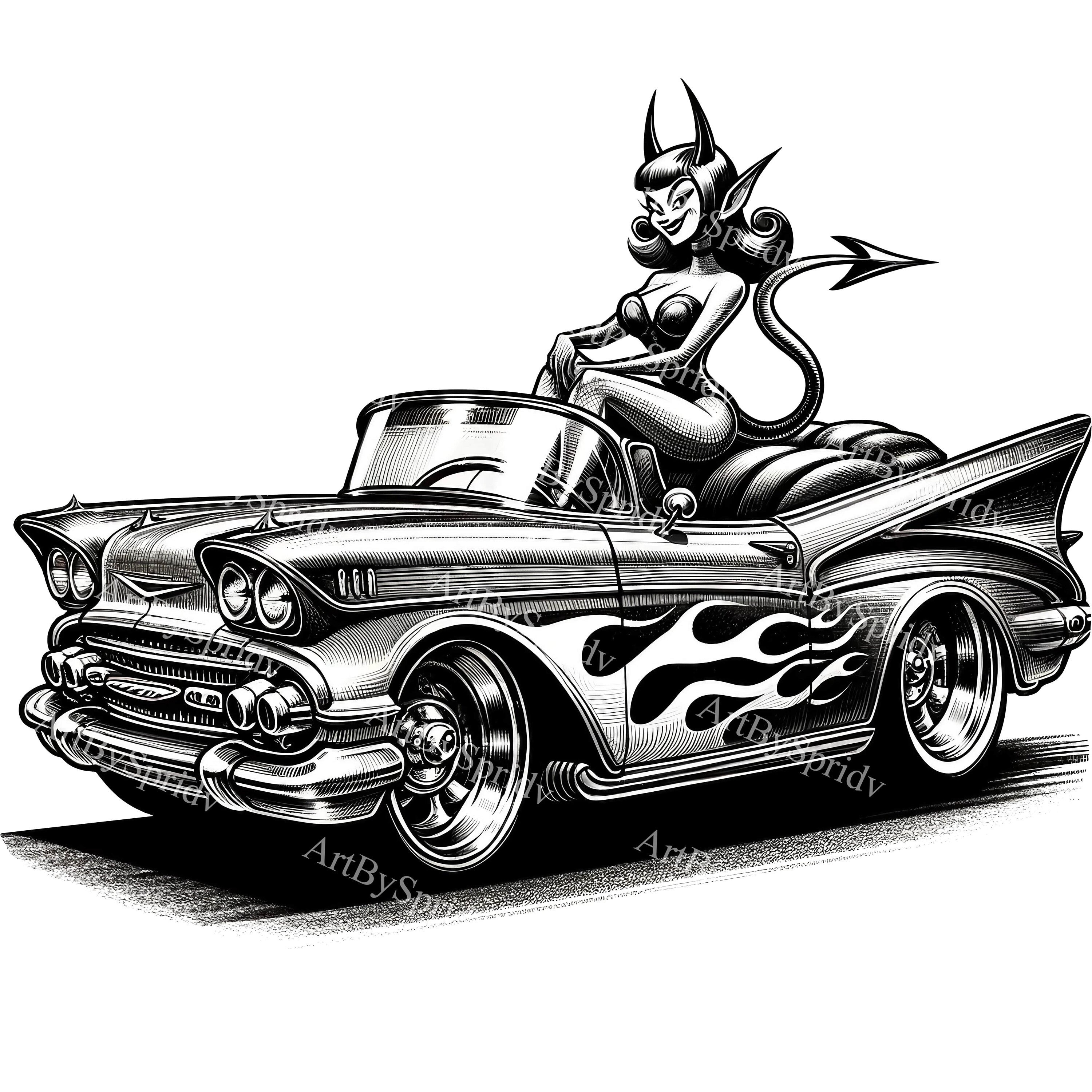 5 Inch Wide Chevrolet Hot Rod Girl Pin Up Vintage Art Street Rod - Foto 5