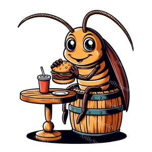 Whimsical Cockroach with Burger Cartoon Clipart: Printable PNG for Sublimation & DIY Crafts | Kids Quirky Clip Art | Digital Download, Decor