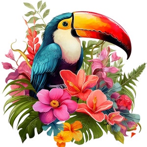 Conjunto de imágenes prediseñadas tropicales de tucán exótico: 4 archivos PNG: imágenes prediseñadas digitales de flores y pájaros vibrantes: material para scrapbooking, sublimación y manualidades