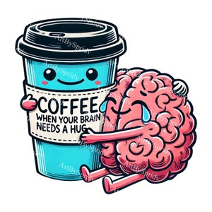 Skurrile Kaffee Umarmung Download PNG Clipart - Süßes Gehirn & Kaffeetasse Digitale Clip Art für T-Shirt Sublimation, DIY Craft Projekt, Scrapbooking